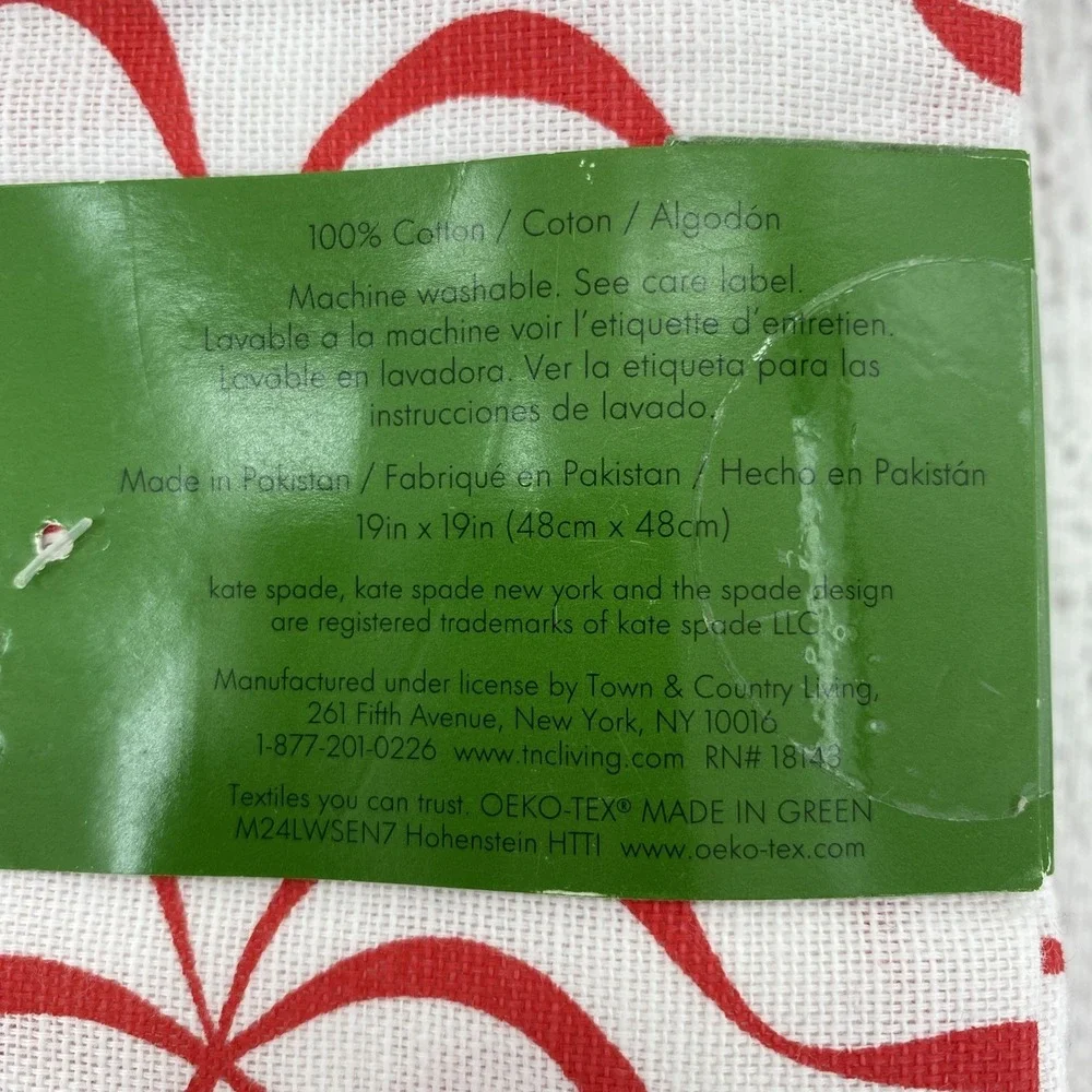 Kate Spade Napkins (Set of 4) White Red Bows Ribbons Valentines Holiday Cotton